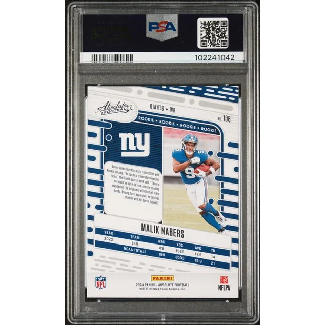 Graded 2024 Panini Absolute Malik Nabers #106 Red and Blue Rookie RC Football Card PSA 10 Gem Mint | PSA 10 Gem Mint Graded Rookie Card | vintageantiquesgifts.com