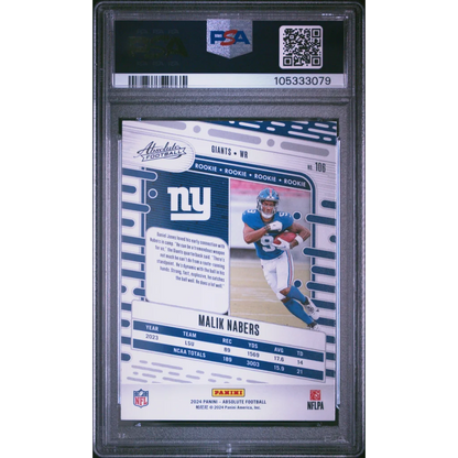 Graded PSA 10 2024 Panini Absolute Malik Nabers #106 Rookie RC Card