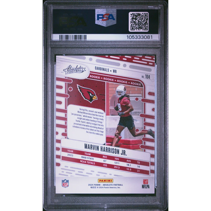 Graded PSA 10 gem mint 2024 Panini Absolute Marvin Harrison Jr rookie card #104