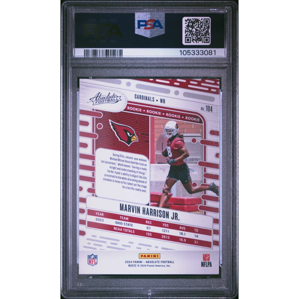 Encased Marvin Harrison Jr rookie football card in PSA GEM MT 10 Absolute Perfection display