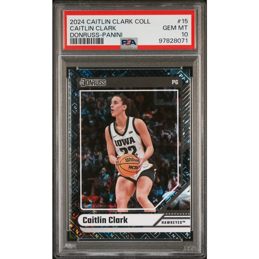 Caitlin Clark basketball card PSA graded gem mint rookie slab, 2024 Donruss Panini