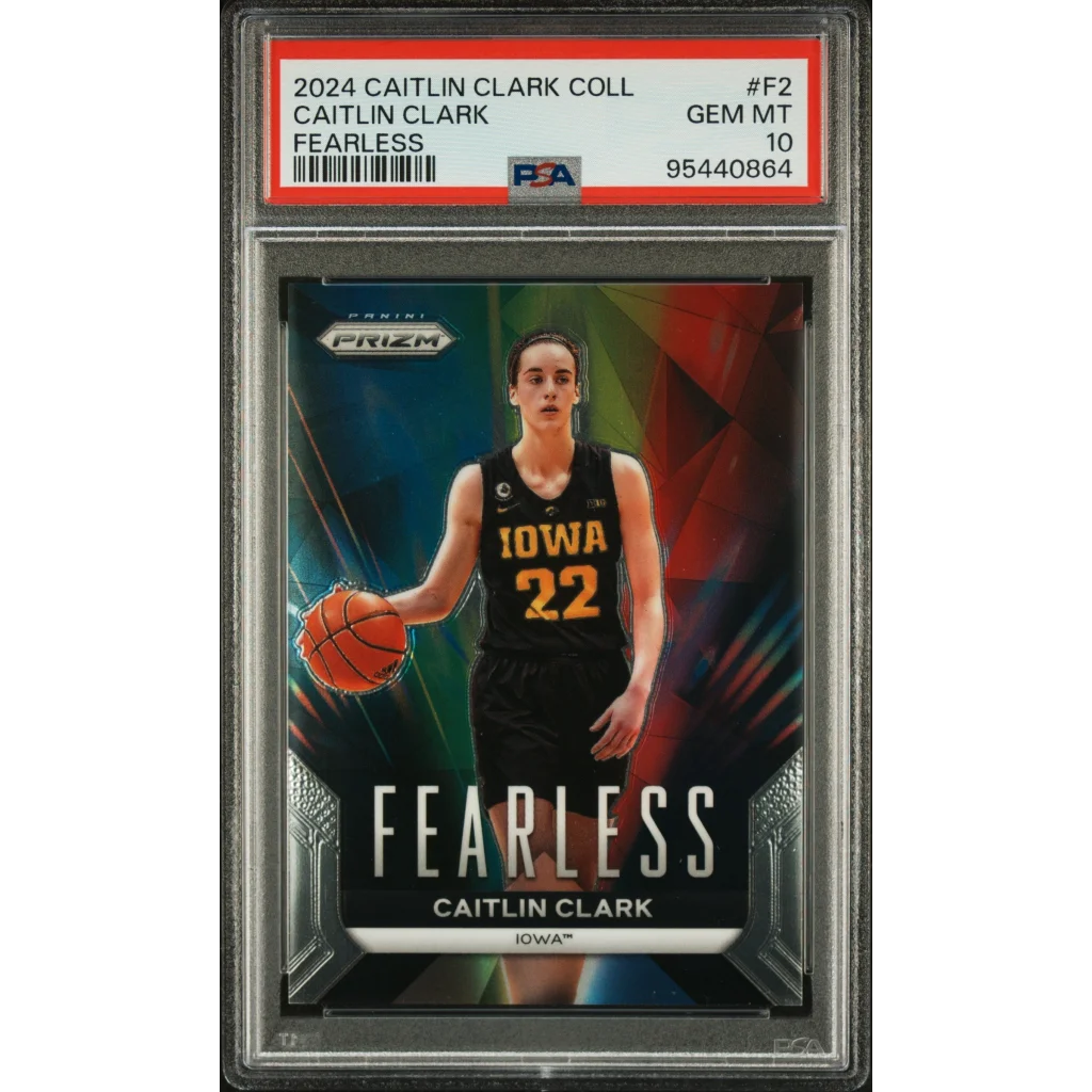 Gem mint Caitlin Clark Iowa Prizm Fearless basketball trading card close-up image