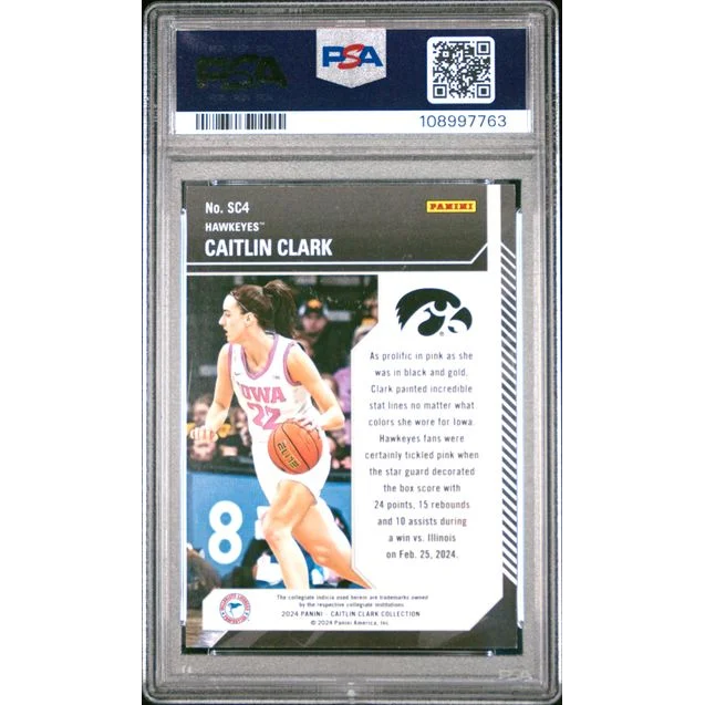 Graded Caitlin Clark basketball card in school colors, authentic collectible card