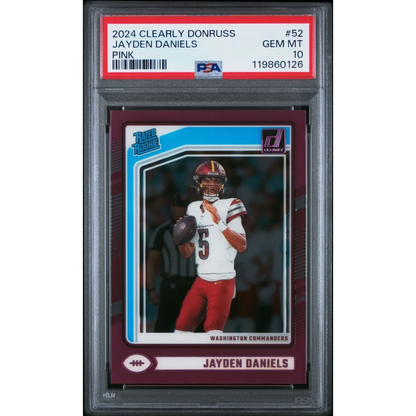 Graded 2024 Panini Clearly Donruss Jayden Daniels #52 Pink Rookie RC Football Card PSA 10 Gem Mint | Hall of Fame Sports Memorabilia | vintageantiquesgifts.com