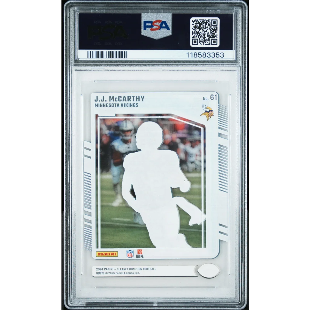 Graded 2024 Panini Clearly Donruss JJ McCarthy #61 Rookie RC Football Card PSA 10 Gem Mint