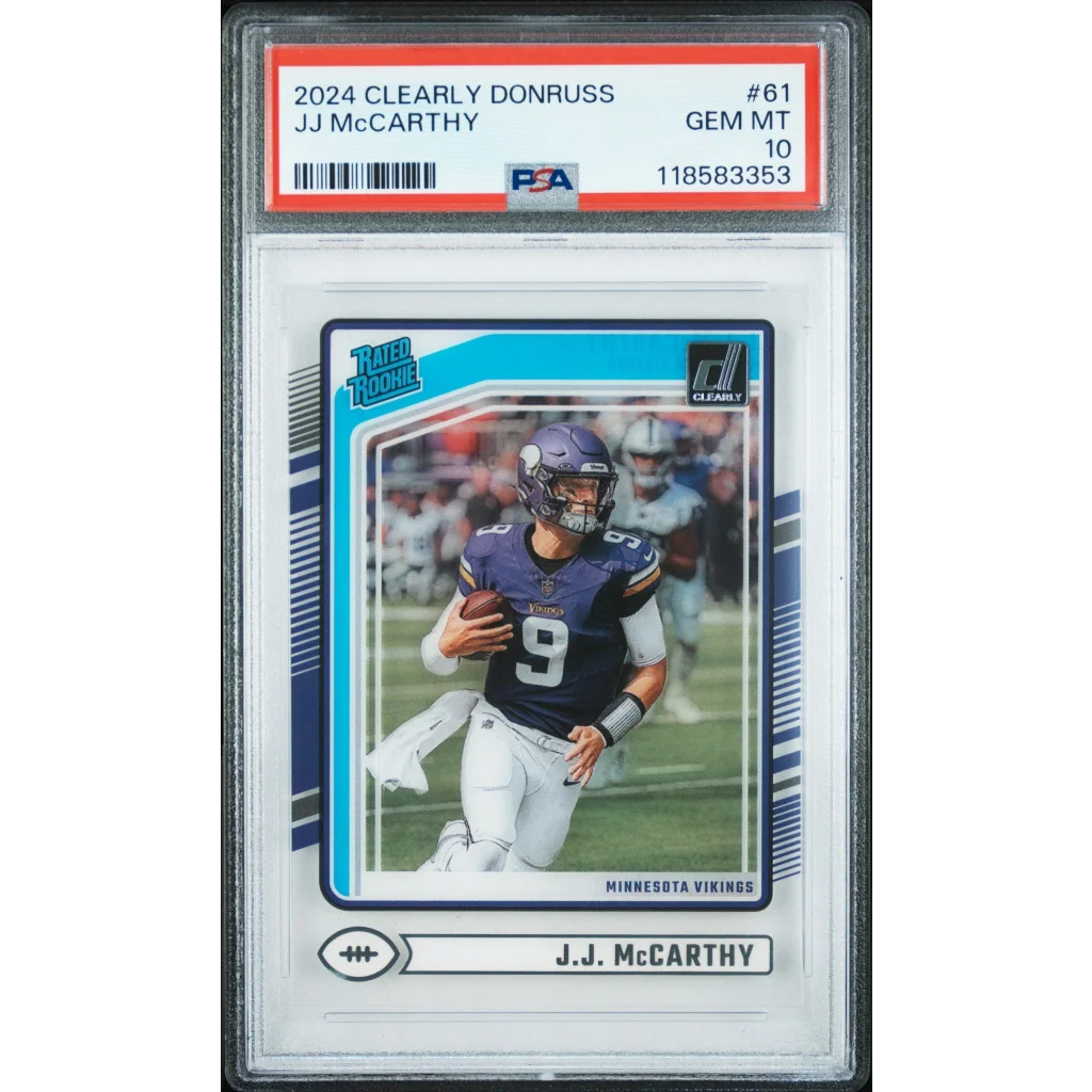 Graded 2024 Panini Clearly Donruss JJ McCarthy #61 Rookie RC Football Card PSA 10 Gem Mint