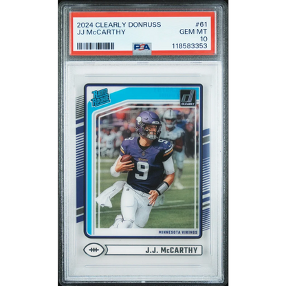 Graded 2024 Panini Clearly Donruss JJ McCarthy #61 Rookie RC Football Card PSA 10 Gem Mint