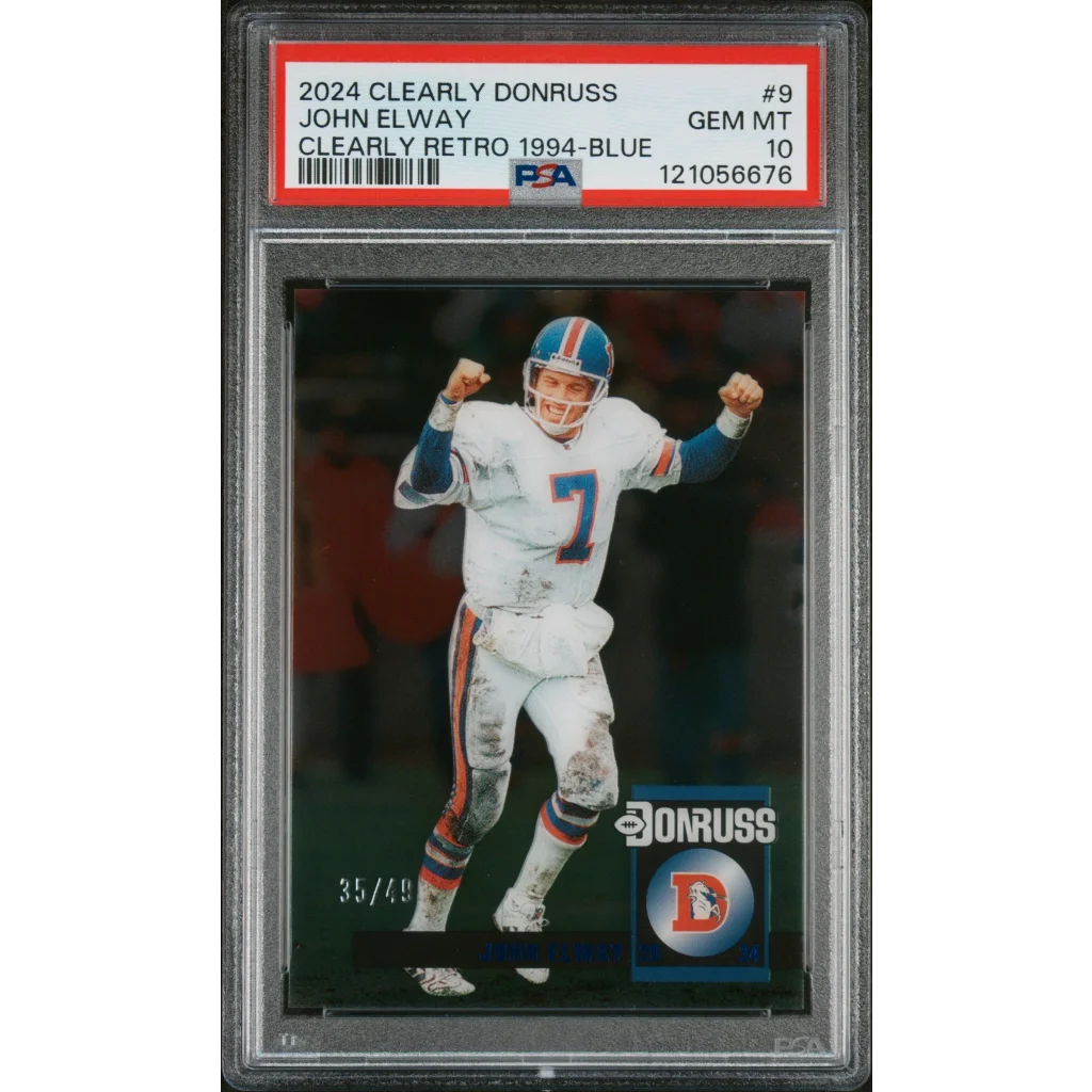 Graded 2024 Panini Clearly Donruss John Elway #9 Clearly Retro 1994 Blue /49 Football Card PSA 10 Gem Mint