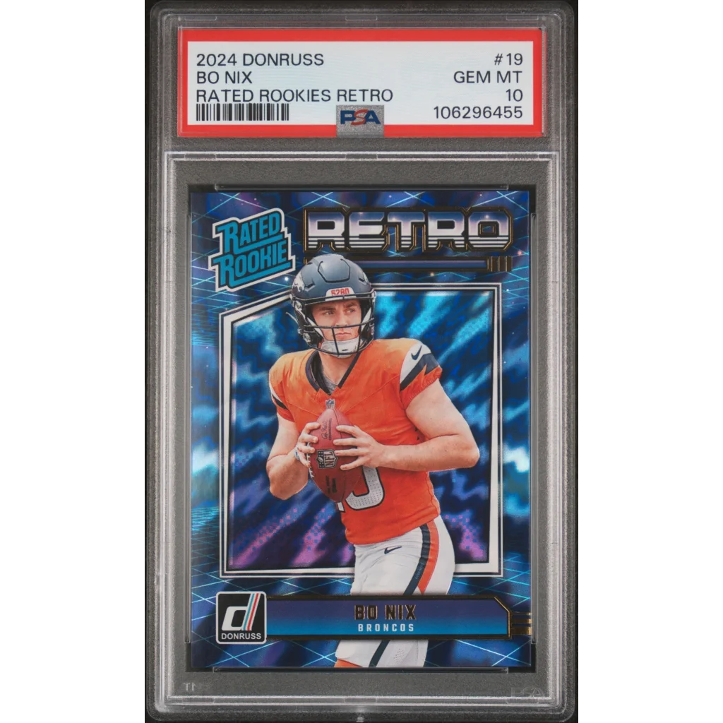 Graded 2024 Panini Donruss Bo Nix #19 Rated Rookies Retro Rookie RC Football Card PSA 10 Gem Mint | Hall of Fame Sports Memorabilia | vintageantiquesgifts.com