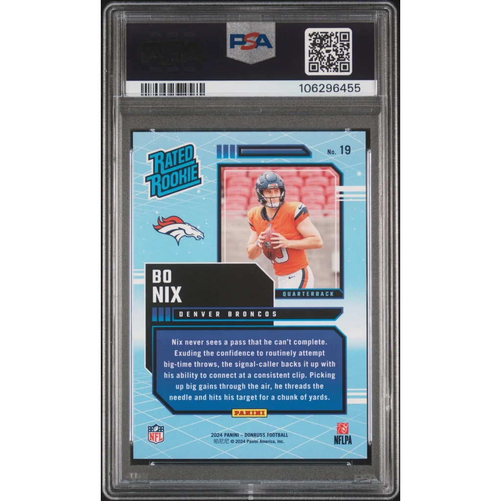 Graded 2024 Panini Donruss Bo Nix #19 Rated Rookies Retro Rookie RC Football Card PSA 10 Gem Mint | PSA 10 Gem Mint Graded Rookie Card | vintageantiquesgifts.com