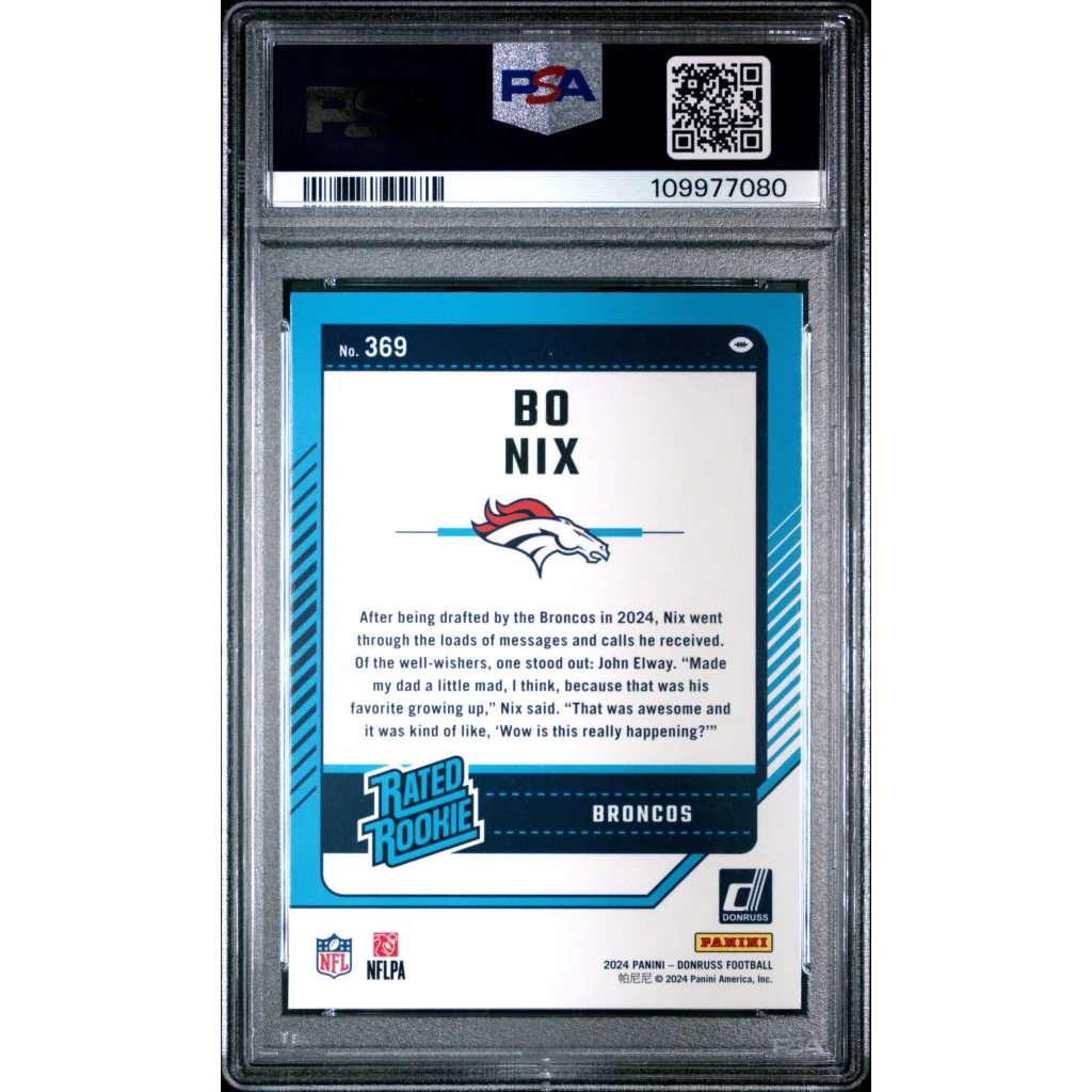 Graded 2024 Panini Donruss Bo Nix #369 Rookie RC Football Card PSA 10 Gem Mint | PSA 10 Gem Mint Graded Rookie Card | vintageantiquesgifts.com