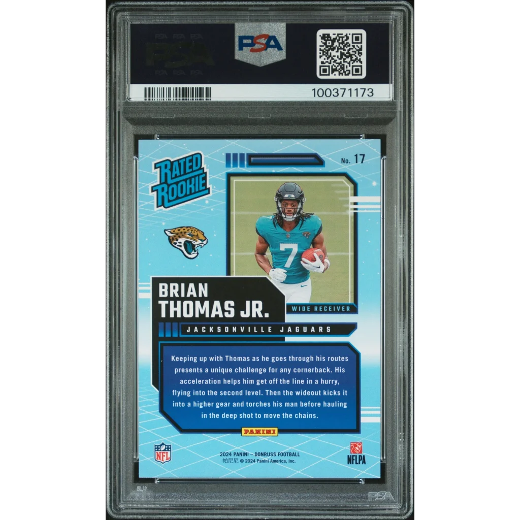 Graded 2024 Panini Donruss Brian Thomas Jr #17 Rated Rookies Retro Rookie RC Football Card PSA 10 Gem Mint | PSA 10 Gem Mint Graded Rookie Card | vintageantiquesgifts.com