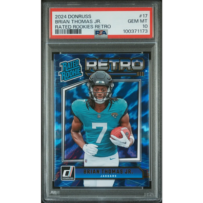Graded 2024 Panini Donruss Brian Thomas Jr #17 Rated Rookies Retro Rookie RC Football Card PSA 10 Gem Mint | Hall of Fame Sports Memorabilia | vintageantiquesgifts.com