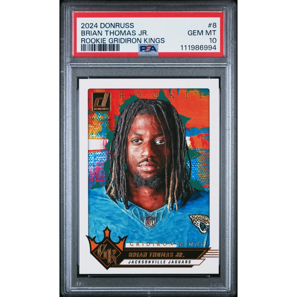 A graded 2024 Donruss Brian Thomas Jr Rookie Gridiron Kings football card in PSA case