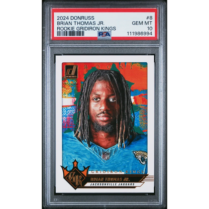 A graded 2024 Donruss Brian Thomas Jr Rookie Gridiron Kings football card in PSA case
