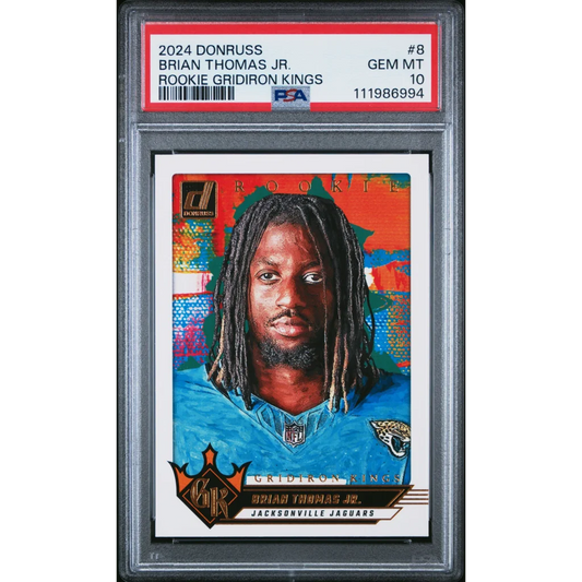 A graded 2024 Donruss Brian Thomas Jr Rookie Gridiron Kings football card in PSA case