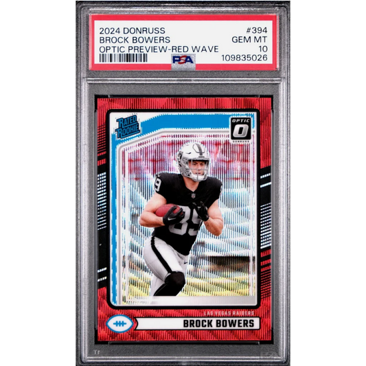 Graded 2024 Panini Donruss Brock Bowers #394 Optic Preview Red Wave Rookie RC Football Card PSA 10 Gem Mint