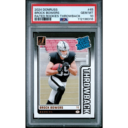Graded 2024 Panini Donruss Brock Bowers #45 Rated Rookies Throwback Rookie RC Football Card PSA 10 Gem Mint | Hall of Fame Sports Memorabilia | vintageantiquesgifts.com