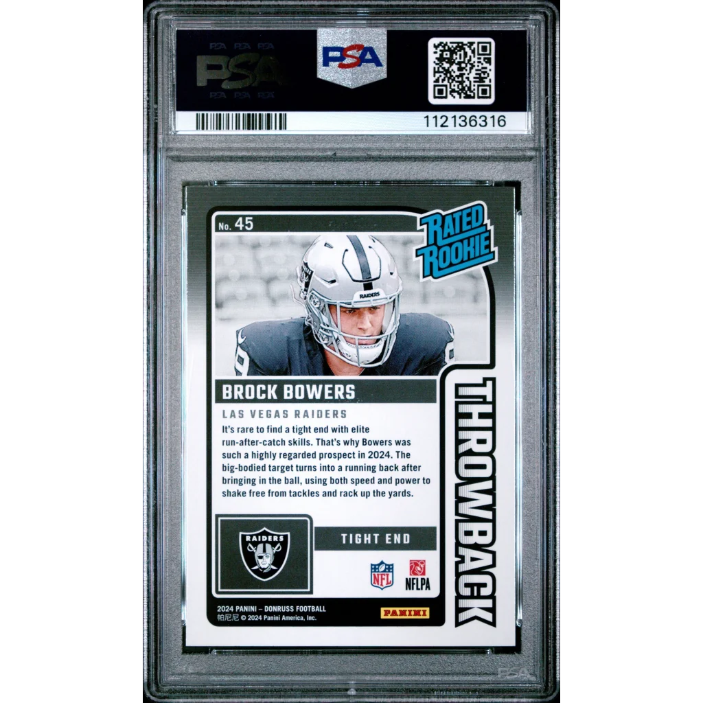 Graded 2024 Panini Donruss Brock Bowers #45 Rated Rookies Throwback Rookie RC Football Card PSA 10 Gem Mint
