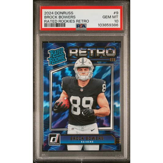 Graded 2024 Panini Donruss Brock Bowers #9 Rated Rookies Retro Rookie RC Football Card PSA 10 Gem Mint | Hall of Fame Sports Memorabilia | vintageantiquesgifts.com