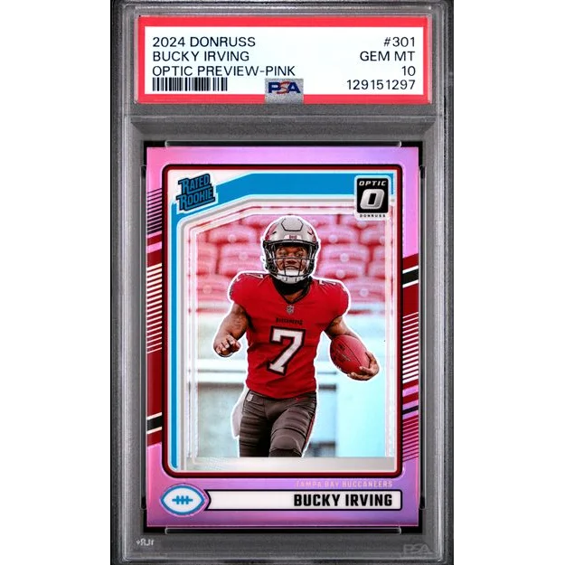 Bucky Irving in red Buccaneers jersey #7 holds football on PSA 10 rookie card