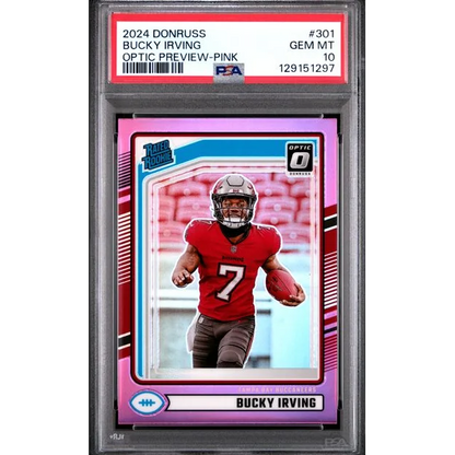 Bucky Irving in red Buccaneers jersey #7 holds football on PSA 10 rookie card