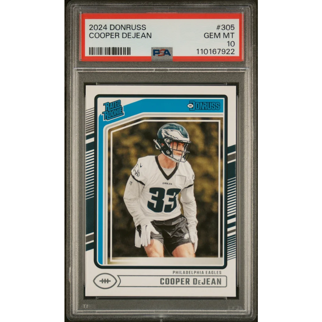 PSA graded Cooper DeJean card Panini Donruss Gem Mint rookie, authentic sports authenticator