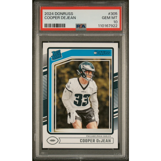 PSA graded Cooper DeJean card Panini Donruss Gem Mint rookie, authentic sports authenticator