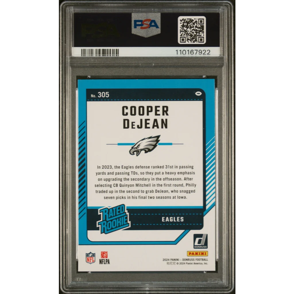 Professional Sports Authenticator graded Cooper DeJean card from Panini Donruss Gem Mint series