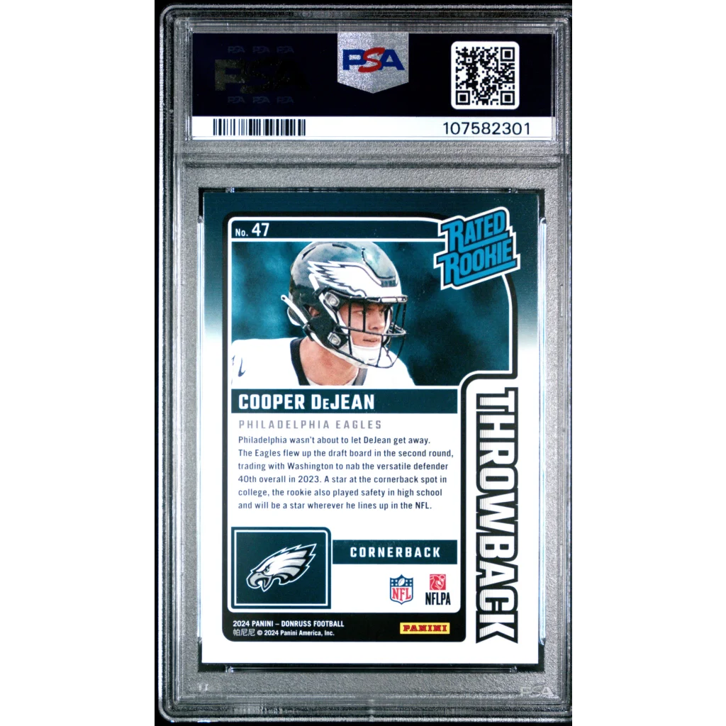 PSA graded Cooper DeJean Philadelphia Eagles rookie football card in throwback style