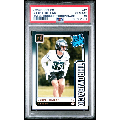 PSA graded Cooper DeJean Eagles 2024 Donruss Rated Rookies Throwback football card