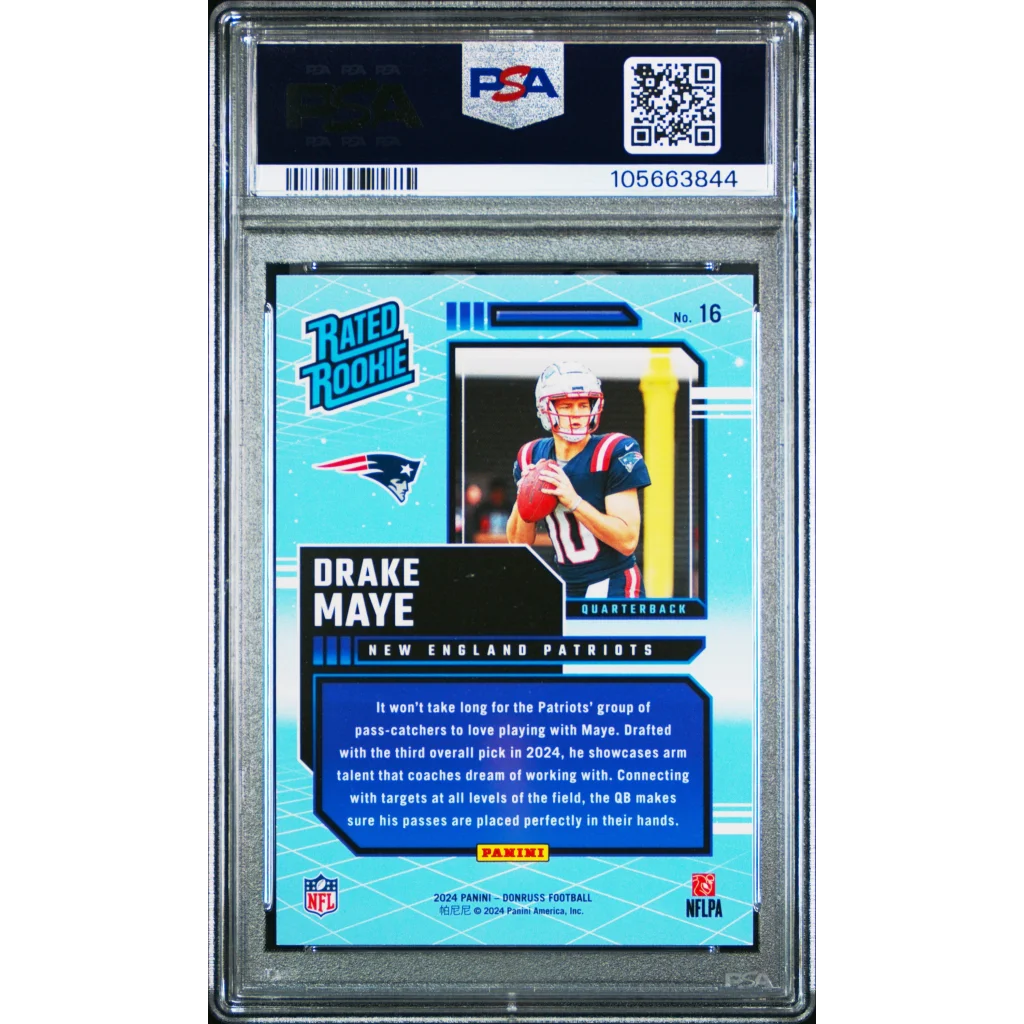 Graded 2024 Panini Donruss Drake Maye #16 Rated Rookies Retro Rookie RC Football Card PSA 10 Gem Mint | PSA 10 Gem Mint Graded Rookie Card | vintageantiquesgifts.com
