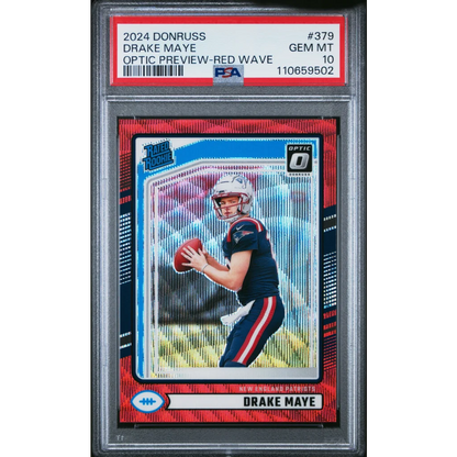 Graded PSA 10 2024 Panini Donruss Drake Maye Optic Red Wave Rookie Card