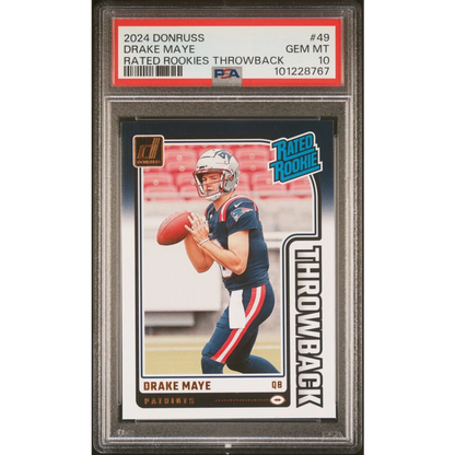 Graded 2024 Panini Donruss Drake Maye #49 Rated Rookies Throwback Rookie RC Football Card PSA 10 Gem Mint