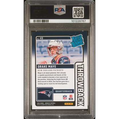 Graded 2024 Panini Donruss Drake Maye #49 Rated Rookies Throwback Rookie RC Football Card PSA 10 Gem Mint