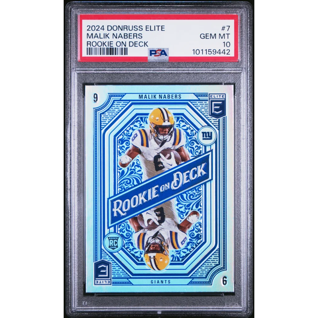 Graded 2024 Panini Donruss Elite Malik Nabers #7 Rookie On Deck Rookie RC Football Card PSA 10 Gem Mint | Hall of Fame Sports Memorabilia | vintageantiquesgifts.com