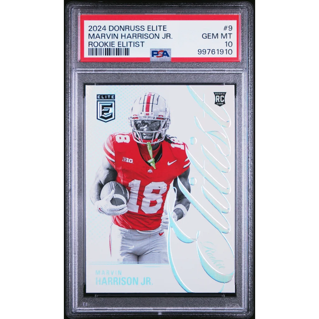 A graded 2024 Donruss Elite Marvin Harrison Jr rookie football card in PSA Treasure collection