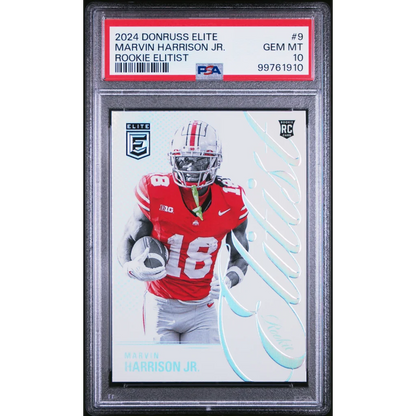 A graded 2024 Donruss Elite Marvin Harrison Jr rookie football card in PSA Treasure collection