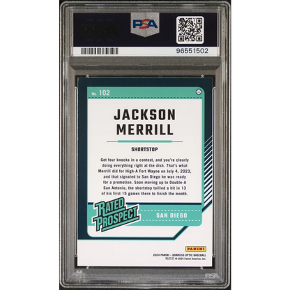 PSA 10 Graded 2024 Panini Donruss Optic Jackson Merrill Rookie RC Teal Card
