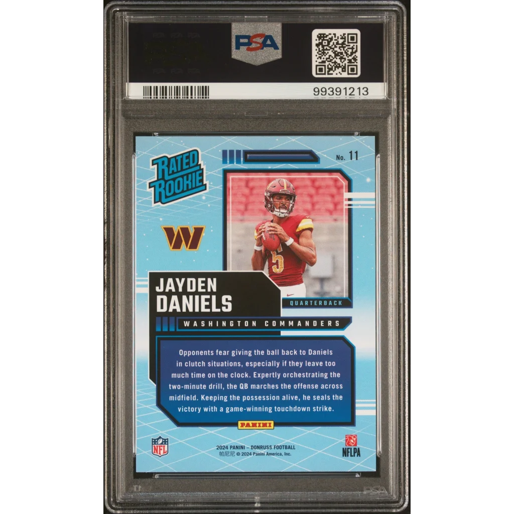 Graded 2024 Panini Donruss Jayden Daniels #11 Rated Rookies Retro Rookie RC Football Card PSA 10 Gem Mint | PSA 10 Gem Mint Graded Rookie Card | vintageantiquesgifts.com
