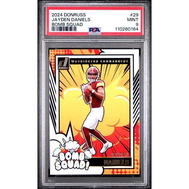 PSA Graded Jayden Daniels 2024 Donruss Bomb Squad football card in mint condition