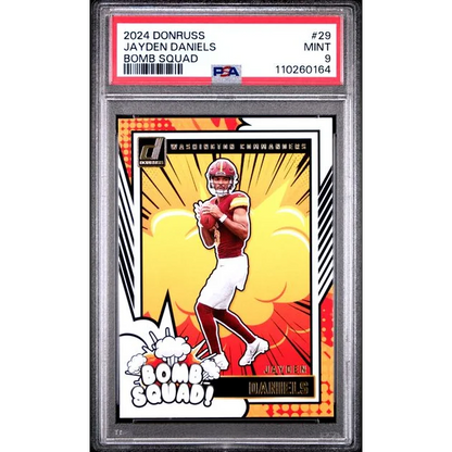 PSA Graded Jayden Daniels 2024 Donruss Bomb Squad football card in mint condition