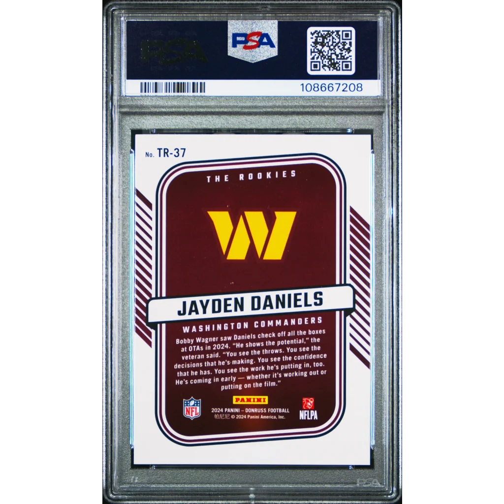 Graded PSA 10 2024 Panini Donruss Jayden Daniels The Rookies RC card in maroon and gold slab