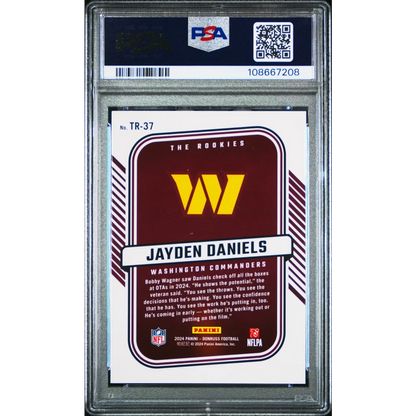 Graded PSA 10 2024 Panini Donruss Jayden Daniels The Rookies RC card in maroon and gold slab