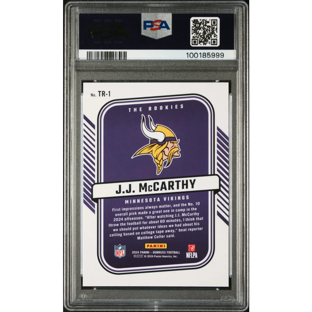 Graded 2024 Panini Donruss JJ McCarthy #TR1 The Rookies Rookie RC Football Card PSA 10 Gem Mint | PSA 10 Gem Mint Graded Rookie Card | vintageantiquesgifts.com