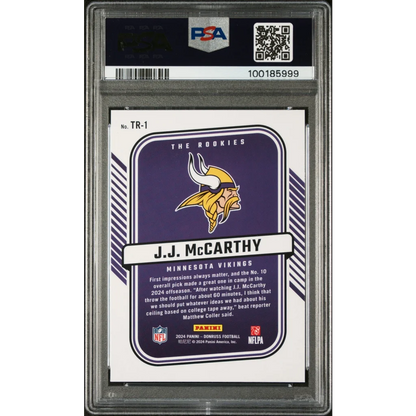 Graded 2024 Panini Donruss JJ McCarthy #TR1 The Rookies Rookie RC Football Card PSA 10 Gem Mint | PSA 10 Gem Mint Graded Rookie Card | vintageantiquesgifts.com