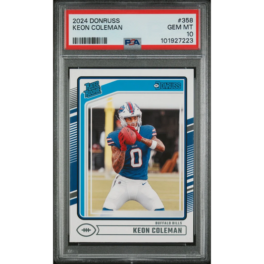 A graded Keon Coleman 2024 Panini Donruss rookie card for professional sports fans