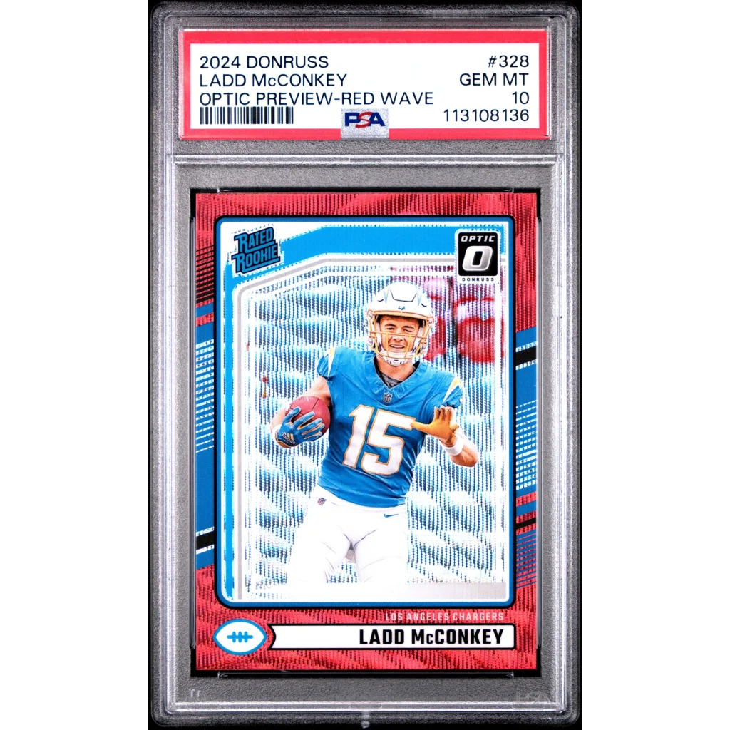 Graded PSA 10 Gem Mint 2024 Donruss Optic Ladd McConkey Red Wave Rookie Card