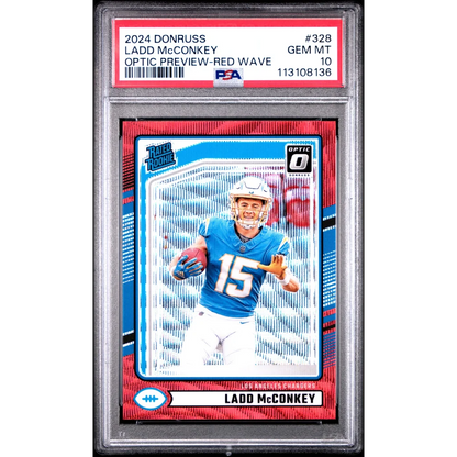 Graded PSA 10 Gem Mint 2024 Donruss Optic Ladd McConkey Red Wave Rookie Card