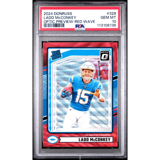 Graded PSA 10 Gem Mint 2024 Donruss Optic Ladd McConkey Red Wave Rookie Card